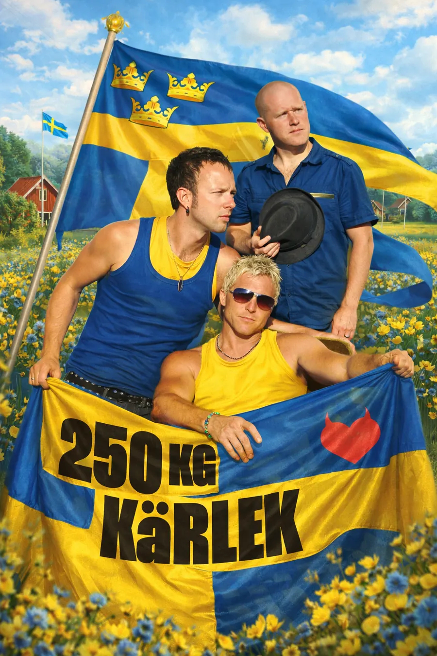 Affisch för 250kg Kärlek med bandet framför svenska flaggan.