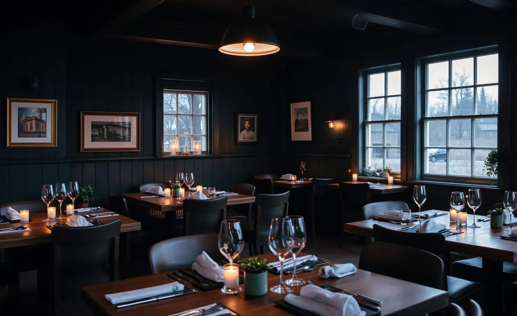 Restaurangen på Flottaren en kväll, lampor tända över borden.